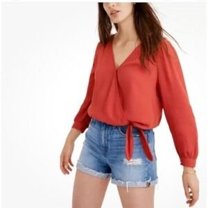 MADEWELL Red V-Neck Surplice Long Sleeve‎ 70's Vibe Crop Wrap Tie Top Sz M